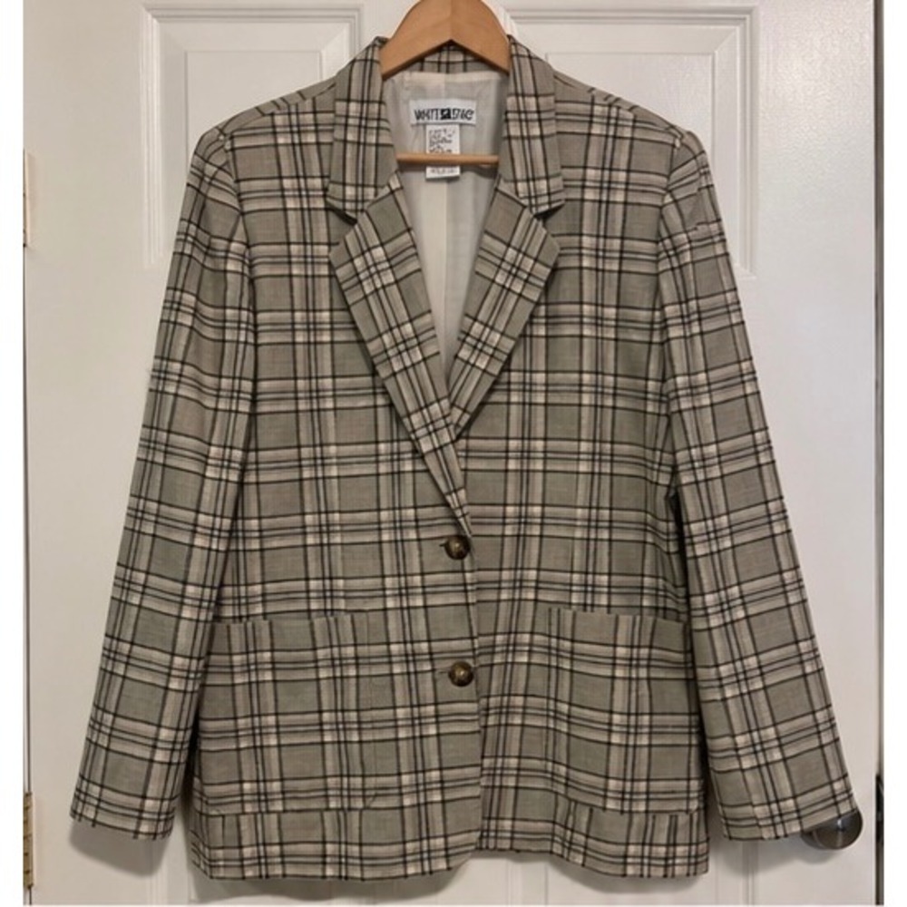 Vintage White Stag Gray Plaid Linen Blazer Women's 12 90s Shoulder Pads